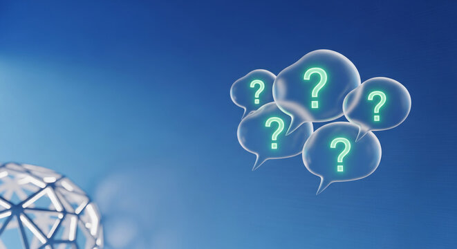 Several speech bubble with a green question mark inside, on a gradient blue background. It represents questions, doubts, or problem-solving concepts - Powered by Adobe