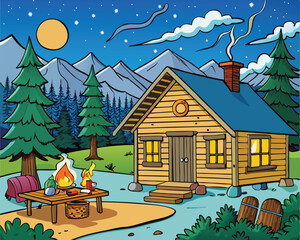 Cartoon cabin in the mountains at night