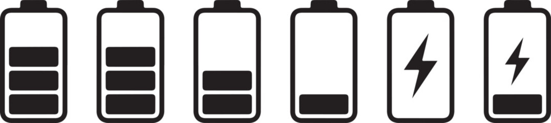 A series of battery icons showing decreasing charge levels and charging status