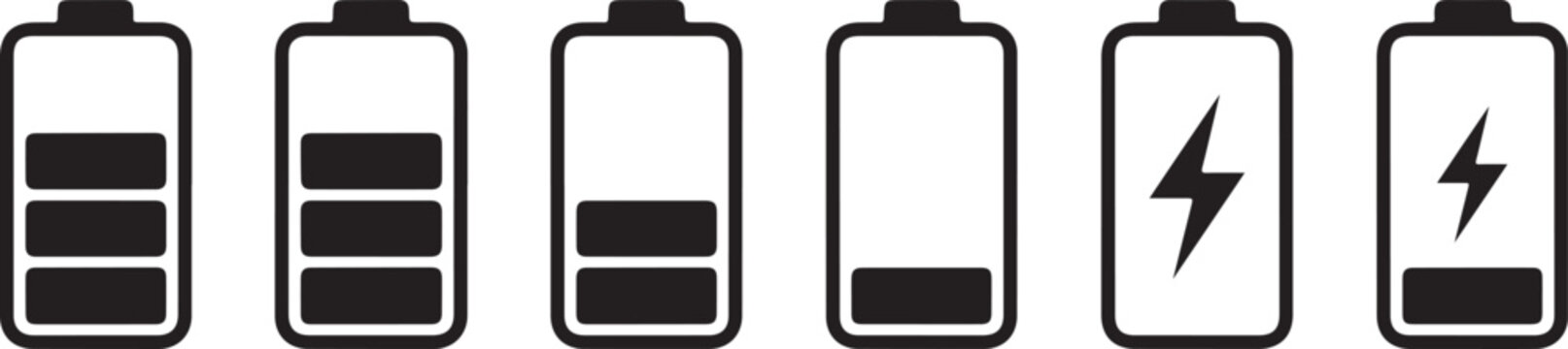 A series of battery icons showing decreasing charge levels and charging status
