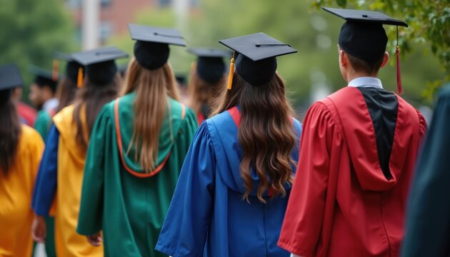 Students in colorful robes, caps walk in procession at graduation day. Celebrate academic success, achievement on university campus. Future scholars ready for next steps after getting degrees.