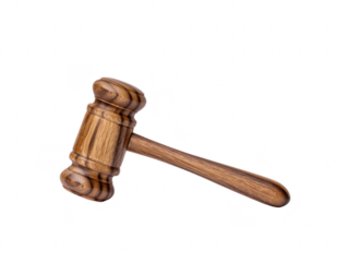Wooden gavel isolated on transparency background symbolizing justice law authority and decision making often used in courtrooms or auctions with polished finish and classic design