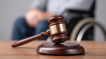 Obraz premium Close-up of a Judge's Gavel on a Wooden Base with Blurred Background of a Person in a Wheelchair, Symbolizing Justice and Accessibility