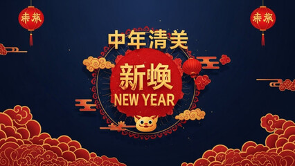 Chinese new year celebration with red lanterns and golden decorations on dark background with tiger mascot