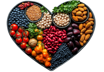 A visually stunning heart-shaped composition brimming with a rich variety of colorful legumes, vibrant fruits, and nutritious nuts on a dark surface.