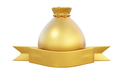 Golden money bag with ribbon icon on isolated transparent png background. advertising promotion banner design. 3D render