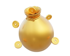 Golden coins money bag traditional chinese on isolated transparent png background. pocket fortune wealth treasure object design. 3d render illustration
