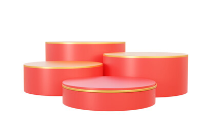 Four red stand composition on isolated transparent png background. mockup podium product pedestal premium presentation empty scene showcase cosmetic. 3D render