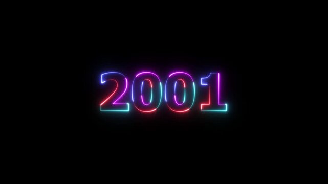 2001 neon line text. Abstract 2001 neon text animation, Glowing neon number text background. Four color Glowing neon line number text background 4k video animation, happy new year 2001 animated