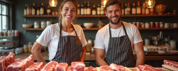 Smiling couple butchers work in shop. They stand behind counter display with fresh raw meat cuts. Shelves with products and bottles visible in background. Authentic retail business.