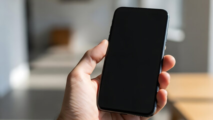 Hand Holding Smartphone with Blank Black Screen Mockup &ndash; Mobile App Presentation, Digital Marketing and Technology Lifestyle Concept