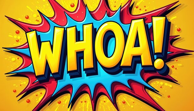 Comic word WHOA bursting with energy. Vibrant yellow letters on a blue and red explosion shape. Bright background with small red dots. Fun graphic, pop art style, loud expression. - Powered by Adobe