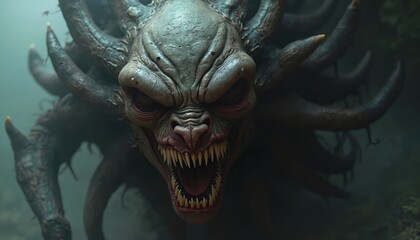 Terrifying creature with sharp teeth and tentacles emerges from dark misty woods. Scary monster with grotesque face looks directly at viewer. Horror entity shows its fangs.