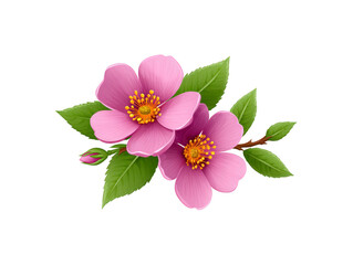 Pink wild rose flower with green leaves, detailed botanical illustration, natural beauty, blooming spring floral design, romantic and fresh, isolated on transparency background