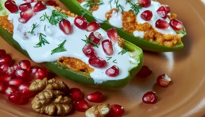 Obraz premium Healthy stuffed peppers with pomegranate, yogurt, and aromatic dill