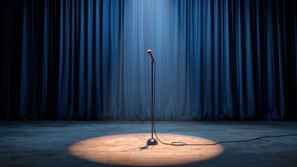 Stand-up comedy stage set up with microphone under spotlight at night