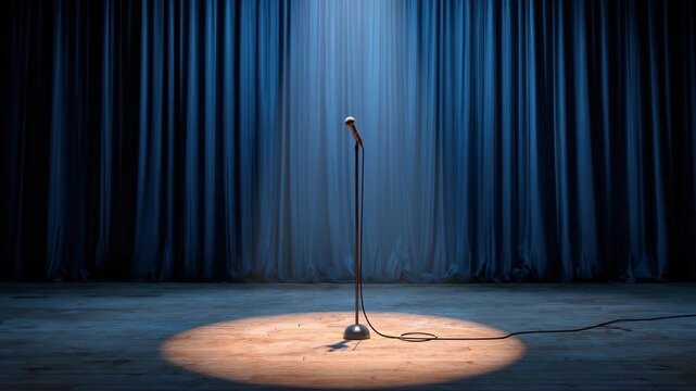 Stand-up comedy stage set up with microphone under spotlight at night - Powered by Adobe