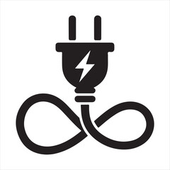 A black power plug with a lightning bolt symbol and a coiled cable