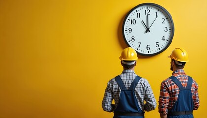 Two male builders in yellow helmets and work clothes check big clock on bright yellow wall. Workers look at time, waiting for shift end or start of new job. Industrial background with copy space.