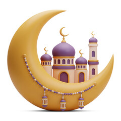 3D Ramadan Crescent Moon with Mosque and Lanterns