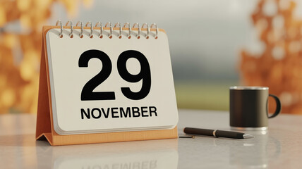 Desktop calendar showing ‘29 NOVEMBER’ in bold black typography on white paper. Spiral-bound on light wood desk, sleek professional vibe. Keywords blackfriday, november, shopping, sale, discount.
