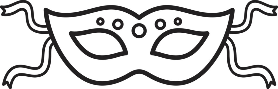 Theatrical Venetian masquerade mask with ribbons and decorative holes in black and white simple line art style on plain background