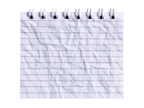 Crumpled lined notebook paper with spiral binding, blank and isolated on transparency background, ideal for note taking, school, office, or creative writing concepts