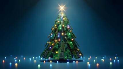 Futuristic christmas tree made of circuit boards with glowing lights