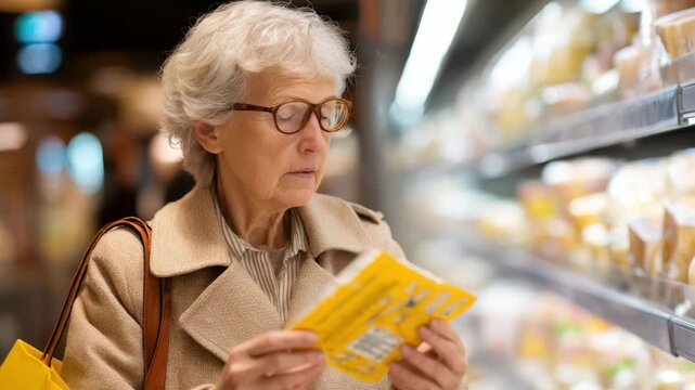 Woman shopping for groceries in a store while reading product labels