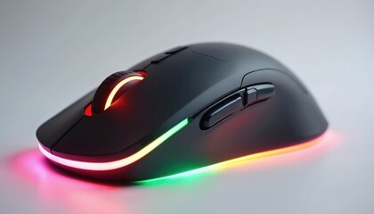 Black ergonomic wireless mouse with RGB lighting rests on clean surface. This modern computer accessory is perfect for gamers and office users, offering comfort and style for extended use.