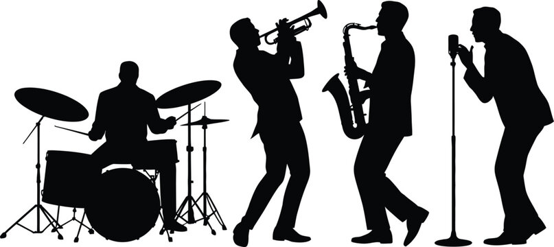 Silhouette of a jazz band with musicians playing trumpet saxophone drums and singing