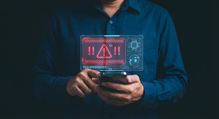man holding smartphone with warning sign on screen