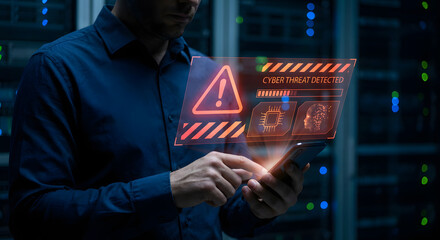 man holding phone with cyber threat alert