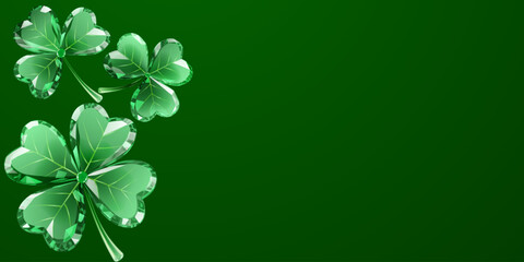 St Patricks day illustration with shiny four-leaf clovers on dark green background in digital art style.