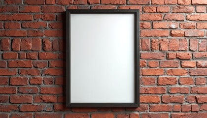 Empty poster frame on distressed red brick wall texture. Offers ample copy space for custom graphics or text. Suitable for interior design, art display, or advertising mockups.