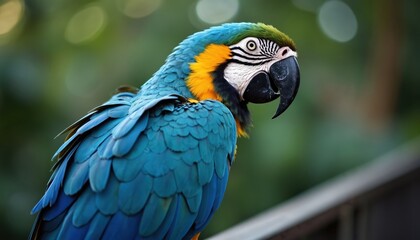 Obraz premium Blue, yellow macaw parrot sits on metal fence with blurred green foliage background. Vibrant tropical bird striking blue feathers, yellow chest plumage. Large black beak visible against white face