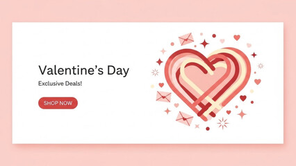 Valentine's day exclusive deals banner with heart and stars on pink background for love and romance