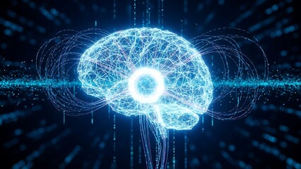 Glowing blue brain with neural network connections and digital sparks