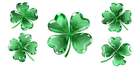 Illustration features green, jewel-like four-leaf clovers on white background, showcasing varying sizes and reflective surfaces.