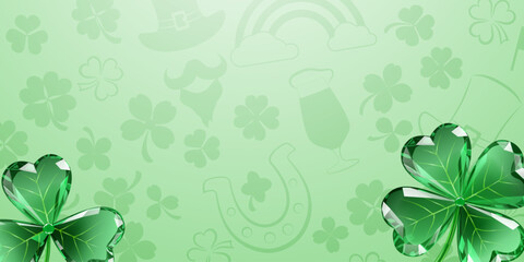 St Patricks day illustration with diamond-like shamrocks, subtle symbols, and soft green gradient background.