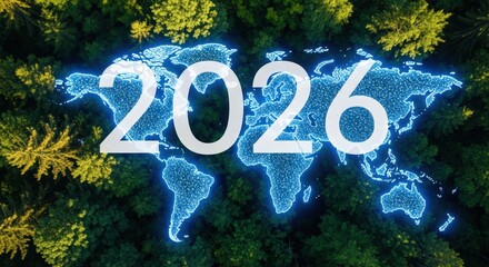 Global Map with Neon Lines and '2026' Overlay on Lush Green Forest Background