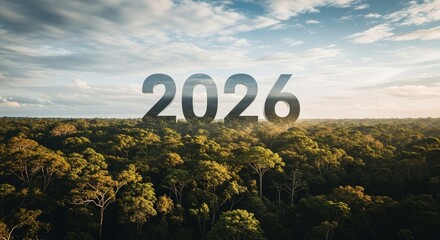 Inspiring Concept of a Future Vision for 2026 in Lush Green Forest with Blue Sky and Clouds
