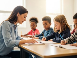 Focused Learning: Dedicated Teacher Provides Gentle Assistance to Engaged Elementary Student in a Bright, Modern Classroom Setting.