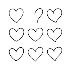 A collection of hand-drawn hearts and a swirl on a white background