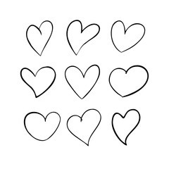 Collection of nine hand-drawn heart outlines on a white background