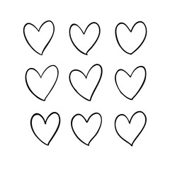 Nine simple hand-drawn heart outlines arranged in a grid