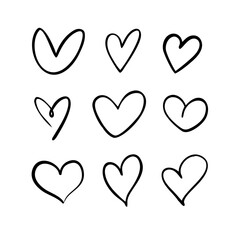 Collection of nine simple hand-drawn heart shapes on a white background