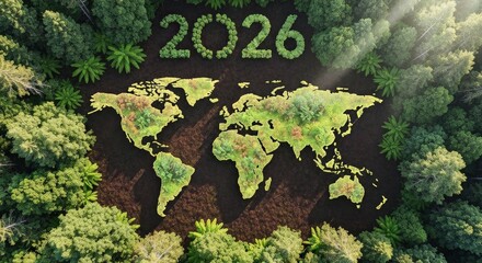 Aerial View of Forest with World Map Design and Year 2026 Made from Greenery and Soil