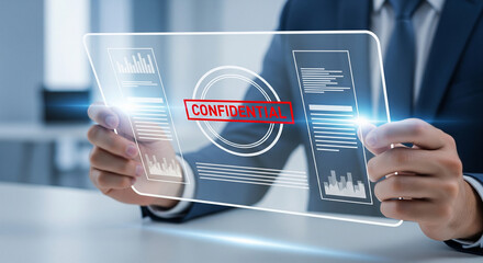 Businessman reviewing confidential data on a futuristic transparent digital interface