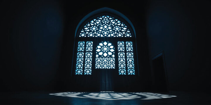 Islamic architecture, Mashrabiya, Arched window, Geometric pattern, Lattice work, Jali screen, Arabic design, Middle Eastern decor, Sacred space, Mosque interior, Dark room, Moody lighting, Silhouette